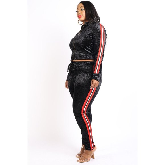 Women's Velvet Zip Up Long Sleeve With Stripe Sport Tape Top & Matching Pants - Picture 4 of 11